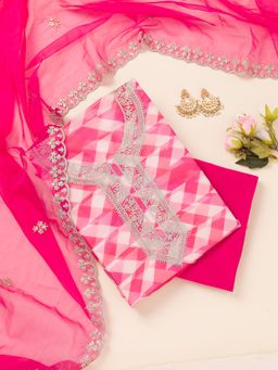 Koskii - Rani Pink Zari Organza Unstitched Top with Unstitched Bottom and Dupatta (Set of 3)