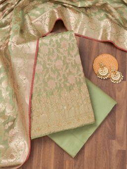 Koskii - Pista Green Zari Banarasi Unstitched Top with Unstitched Bottom and Dupatta (Set of 3)