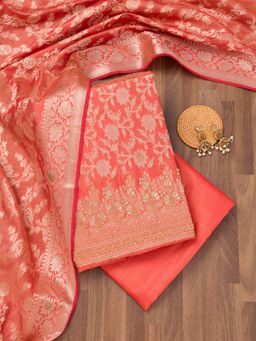 Koskii - Rust Zari Banarasi Unstitched Top with Unstitched Bottom and Dupatta (Set of 3)