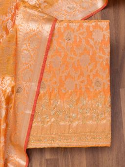 Koskii - Orange Zari Banarasi Unstitched Top with Unstitched Bottom and Dupatta (Set of 3)