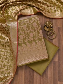 Koskii - Olive Printed Banarasi Unstitched Top with Unstitched Bottom and Dupatta (Set of 3)