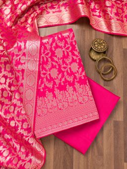 Koskii - Rani Pink Printed Banarasi Unstitched Top with Unstitched Bottom and Dupatta (Set of 3)