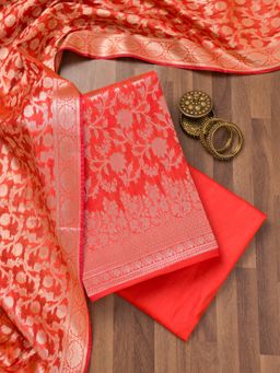 Koskii - Red Printed Banarasi Unstitched Top with Unstitched Bottom and Dupatta (Set of 3)