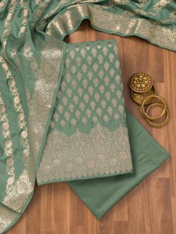 Koskii - Sea Green Zari Banarasi Unstitched Top with Unstitched Bottom and Dupatta (Set of 3)