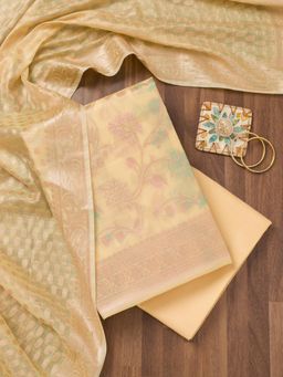 Koskii - Yellow Zari Banarasi Unstitched Top with Unstitched Bottom and Dupatta (Set of 3)
