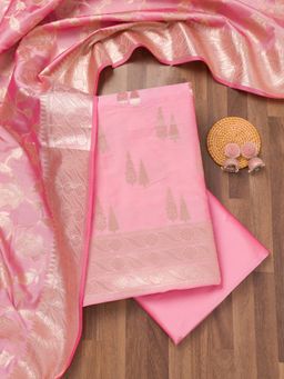 Koskii - Pink Printed Banarasi Unstitched Top with Unstitched Bottom and Dupatta (Set of 3)