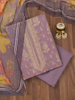 Koskii - Mauve Cutdana Crepe Unstitched Top with Unstitched Bottom and Dupatta (Set of 3)