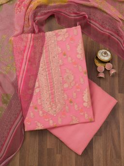 Koskii - Pink Cutdana Crepe Unstitched Top with Unstitched Bottom and Dupatta (Set of 3)