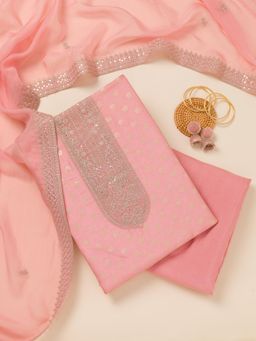 Koskii - Pink Zari Art Silk Unstitched Top with Unstitched Bottom and Dupatta (Set of 3)