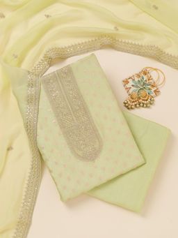 Koskii - Pista Green Zari Art Silk Unstitched Top with Unstitched Bottom and Dupatta (Set of 3)