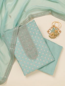 Koskii - Sea Green Zari Art Silk Unstitched Top with Unstitched Bottom and Dupatta (Set of 3)