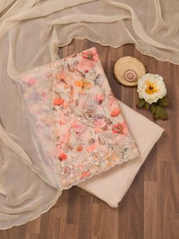 Koskii - Beige Printed Georgette Unstitched Top with Unstitched Bottom and Dupatta (Set of 3)