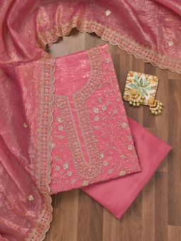 Koskii - Onion Pink Zari Tissue Unstitched Top with Unstitched Bottom and Dupatta (Set of 3)
