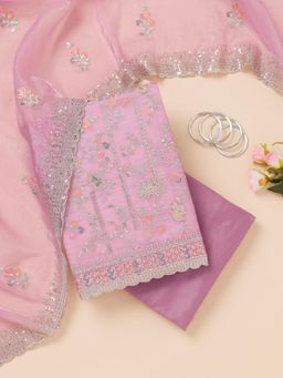 Koskii - Lavender Zari Organza Unstitched Top with Unstitched Bottom and Dupatta (Set of 3)