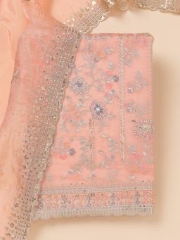 Koskii - Peach Zari Organza Unstitched Top with Unstitched Bottom and Dupatta (Set of 3)