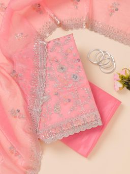 Koskii - Pink Zari Organza Unstitched Top with Unstitched Bottom and Dupatta (Set of 3)