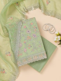 Koskii - Pista Green Zari Organza Unstitched Top with Unstitched Bottom and Dupatta (Set of 3)