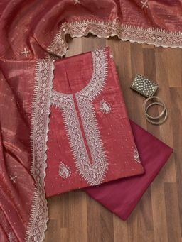 Koskii - Onion Pink Zari Tissue Unstitched Top with Unstitched Bottom and Dupatta (Set of 3)