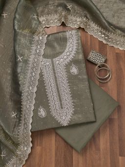 Koskii - Pista Green Zari Tissue Unstitched Top with Unstitched Bottom and Dupatta (Set of 3)