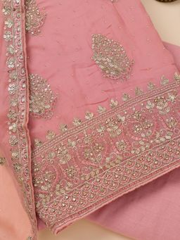 Koskii - Onion Pink Zari Crepe Unstitched Top with Unstitched Bottom and Dupatta (Set of 3)