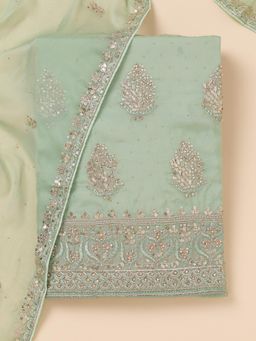 Koskii - Pista Green Zari Crepe Unstitched Top with Unstitched Bottom and Dupatta (Set of 3)