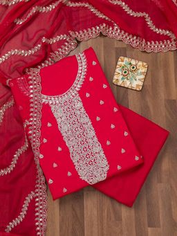 Koskii - Rani Pink Zari Crepe Unstitched Top with Unstitched Bottom and Dupatta (Set of 3)