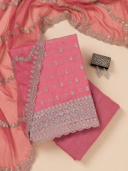 Koskii - Peach Zari Organza Unstitched Top with Unstitched Bottom and Dupatta (Set of 3)