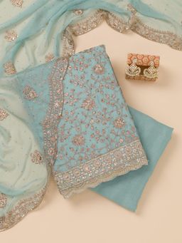 Koskii - Sky Blue Zari Georgette Unstitched Top with Unstitched Bottom and Dupatta (Set of 3)