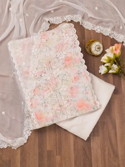 Koskii - Off White Printed Organza Unstitched Top with Unstitched Bottom and Dupatta (Set of 3)