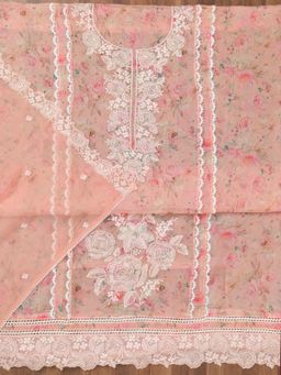 Koskii - Peach Printed Organza Unstitched Top with Unstitched Bottom and Dupatta (Set of 3)