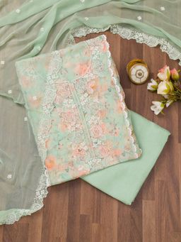 Koskii - Sea Green Printed Organza Unstitched Top with Unstitched Bottom and Dupatta (Set of 3)