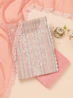 Koskii - Peach Thread Crepe Unstitched Top with Unstitched Bottom and Dupatta (Set of 3)