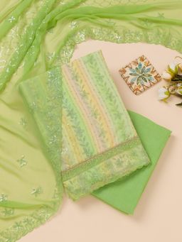 Koskii - Parrot Green Georgette Unstitched Top with Unstitched Bottom and Dupatta (Set of 3)