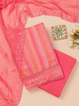 Koskii - Pink Sequins Tissue Unstitched Top with Unstitched Bottom and Dupatta (Set of 3)