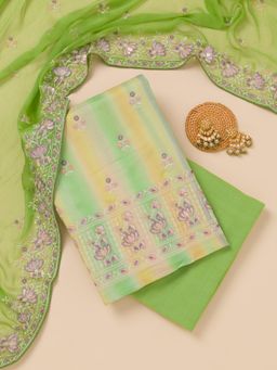 Koskii - Parrot Green Thread Chiffon Unstitched Top with Unstitched Bottom and Dupatta (Set of 3)