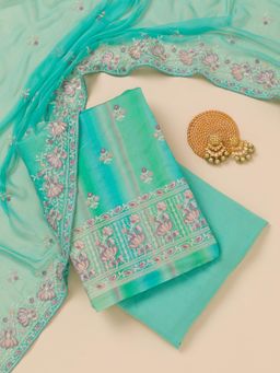 Koskii - Turquoise Thread Chiffon Unstitched Top with Unstitched Bottom and Dupatta (Set of 3)