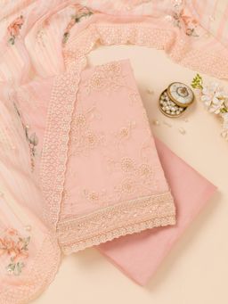 Koskii - Pink Thread Chiffon Unstitched Top with Unstitched Bottom and Dupatta (Set of 3)