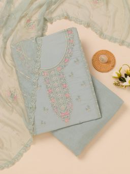 Koskii - Sky Blue Zari Georgette Unstitched Top with Unstitched Bottom and Dupatta (Set of 3)