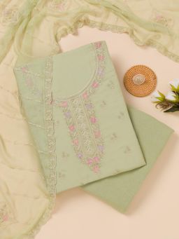 Koskii - Pista Green Zari Georgette Unstitched Top with Unstitched Bottom and Dupatta (Set of 3)