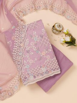 Koskii - Lavender Stone Crepe Unstitched Top with Unstitched Bottom and Dupatta (Set of 3)