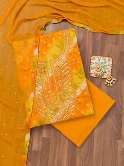 Koskii - Mustard Printed Soft Silk Unstitched Top with Unstitched Bottom and Dupatta (Set of 3)