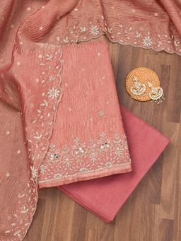 Koskii - Peach Zardozi Tissue Unstitched Top with Unstitched Bottom and Dupatta (Set of 3)