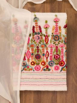 Koskii - Cream Thread Crepe Unstitched Top with Unstitched Bottom and Dupatta (Set of 3)