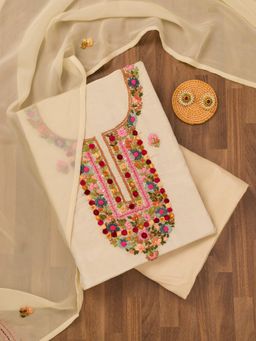 Koskii - Beige Thread Crepe Unstitched Top with Unstitched Bottom and Dupatta (Set of 3)