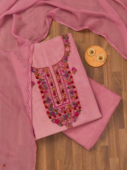 Koskii - Onion Pink Thread Crepe Unstitched Top with Unstitched Bottom and Dupatta (Set of 3)