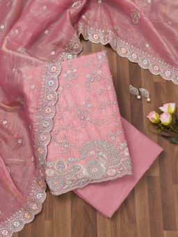 Koskii - Pink Zari Tissue Unstitched Top with Unstitched Bottom and Dupatta (Set of 3)