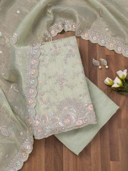 Koskii - Pista Green Zari Tissue Unstitched Top with Unstitched Bottom and Dupatta (Set of 3)