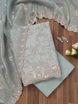 Koskii - Sky Blue Zari Tissue Unstitched Top with Unstitched Bottom and Dupatta (Set of 3)