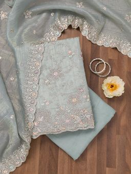 Koskii - Sky Blue Zari Tissue Unstitched Top with Unstitched Bottom and Dupatta (Set of 3)
