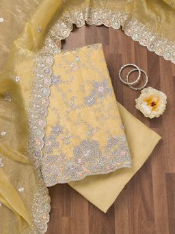Koskii - Yellow Zari Tissue Unstitched Top with Unstitched Bottom and Dupatta (Set of 3)
